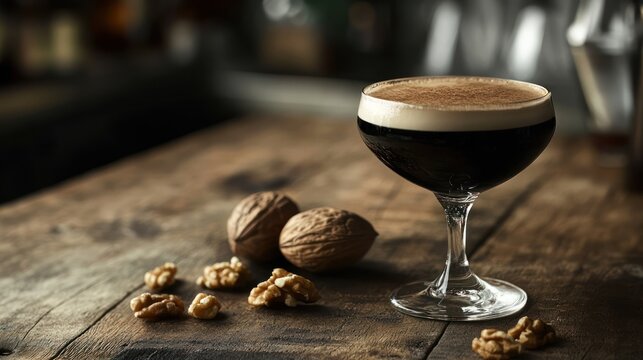 Dark, coffee-infused cocktail with walnuts on a rustic wooden surface.