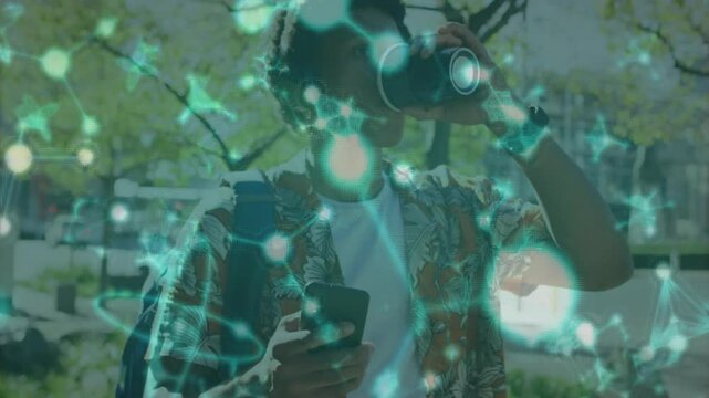 man examining sidewalk with monocular lens and smartphone, displaying technology neural overlay