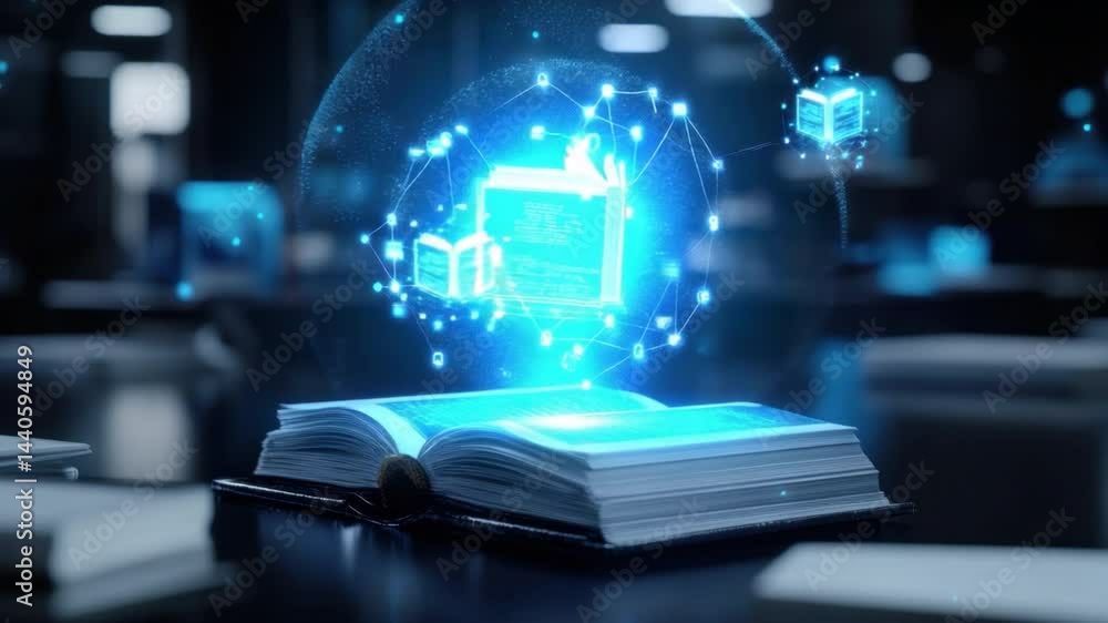Poster futuristic digital book with interactive holographic elements in a library setting