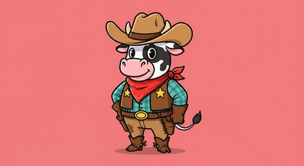 Fototapeta premium Cowboy Cartoon Cow – Wild West Farm Fun Funny cartoon cow wearing a cowboy hat and bandana, perfect for western-themed branding, kid's parties, and playful agricultural ads
