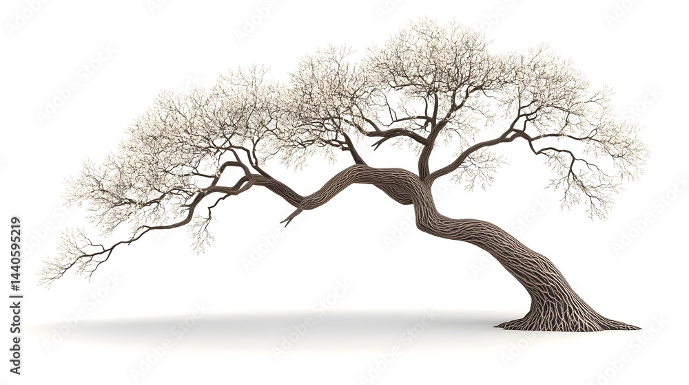 Poster a majestic, gnarled tree with bare branches curves gracefully against a stark white background. its 