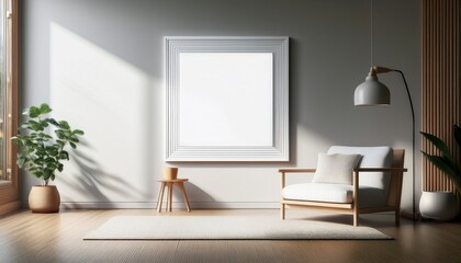 square picture framed on the wall for mockup bright room