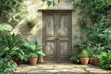 Fototapeta premium Rustic stone exterior with overgrown greenery and a weathered wooden door.