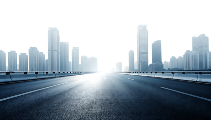 Estra wide panoramic highway leading to a modern city skyline n the horizon. Tall buildings and skyscrapers. Bright misty foggy background. PNG