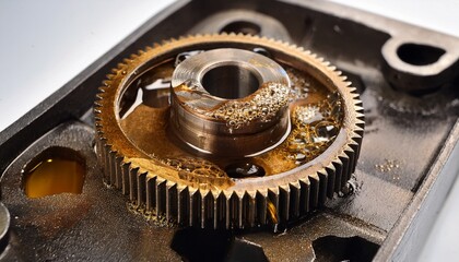 detailed examination of small four stroke engine gears with signs of oil and dirt