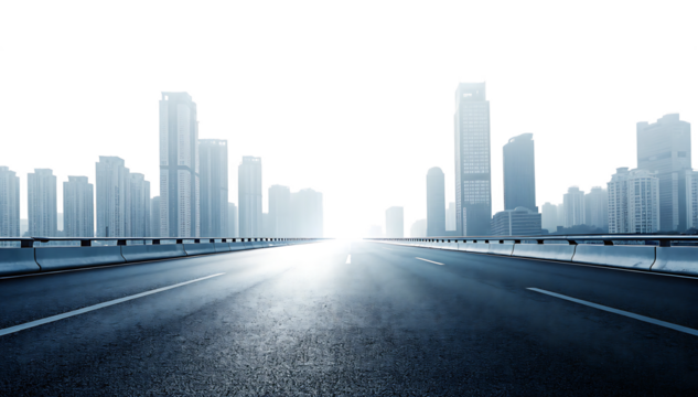 Estra wide panoramic highway leading to a modern city skyline n the horizon. Tall buildings and skyscrapers. Bright misty foggy background. PNG