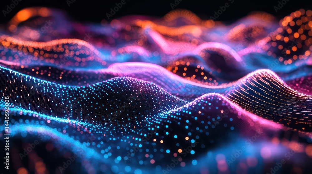 Poster luminous wave patterns create digital mountains