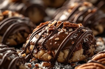 Delicious chocolate-drizzled cookies topped with crunchy pecans and sea salt, perfect for dessert lovers and holiday treats on a rustic background