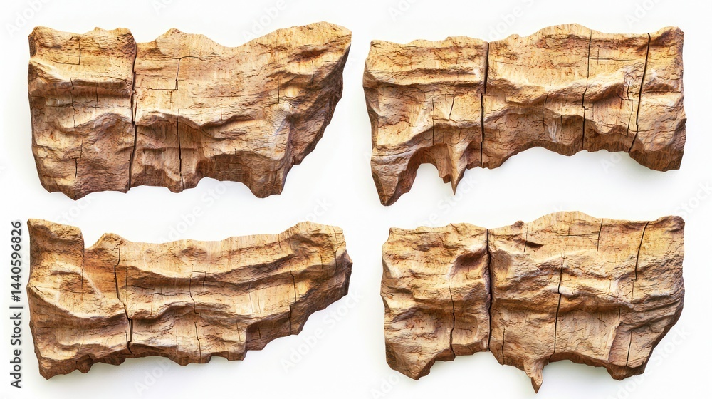 Poster set of dry desert cliffs with sharp, fractured edges on white background
