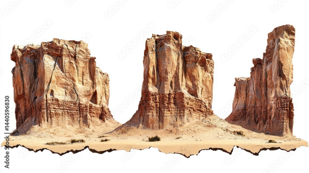 Poster set of dry desert cliffs with sharp, fractured edges on white background