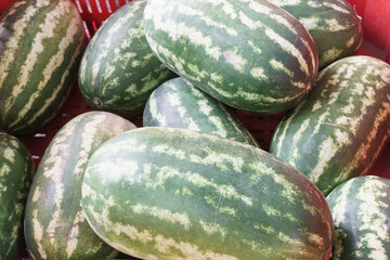 Fresh watermelons stacked at a Sicilian market 