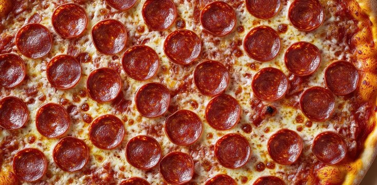 Delicious close-up of a freshly baked pepperoni pizza with perfectly melted cheese and crispy crust, ideal for food lovers and culinary enthusiasts