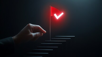 A professional's hand presenting a checkmark on a digital interface, with stair graphics and a red flag icon, representing the achievement of business goals on a dark backdrop