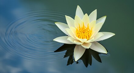 A serene yellow water lily floats on calm water, its reflection mirrored perfectly below. Tranquility and natural beauty.