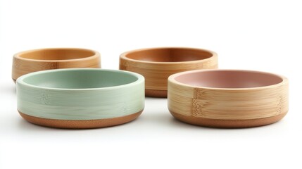Set of eco-friendly bamboo pet food bowls in natural colors on white background.