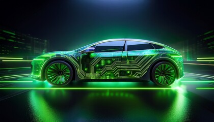 electric circuitry car a sleek electric car illuminated with vibrant green circuitry highlighting its advanced technology and eco friendly design creating a futuristic and innovative image