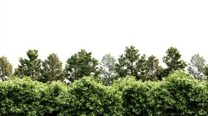 Set of evergreen forest with lush, thick foliage and soft lighting on white background.