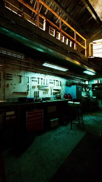 Interior of an old auto repair shop, showing a dimly lit room with a long counter stretching across the space.