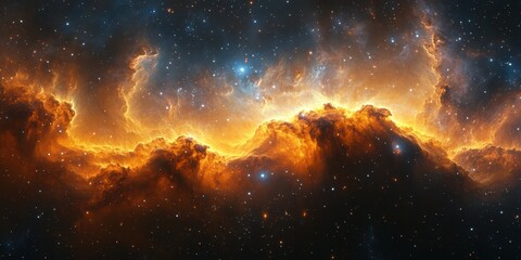 Naklejka premium Vibrant cosmic clouds illuminated by radiant stars in the vast universe during a mesmerizing celestial event