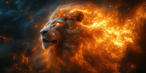 Naklejka premium Majestic lion displaying fiery mane set against a cosmic background of stars and nebulas in an imaginative artwork