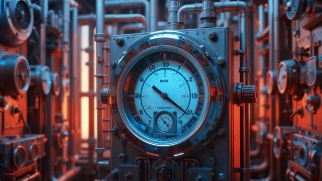 Futuristic industrial steampunk machine with pressure gauge and intricate piping system