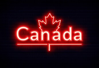 Red Neon Canada Sign with Maple Leaf on Brick Wall