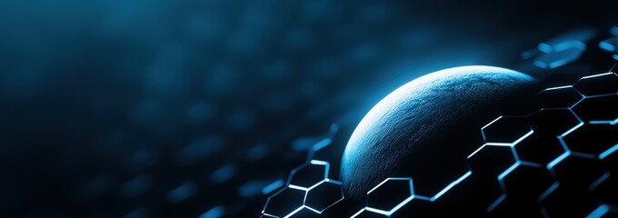 abstract futuristic background with glowing blue planet and hexagon shapes, digital technology banner with global network connection concept on dark background