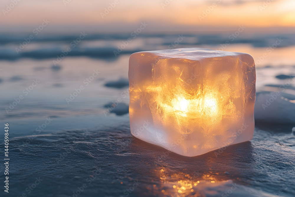 Poster illuminated cube on wet surface