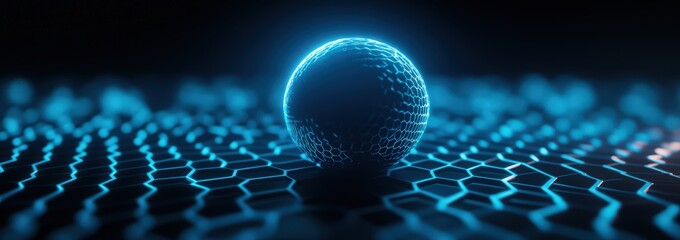 abstract futuristic background with glowing blue planet and hexagon shapes, digital technology banner with global network connection concept on dark background