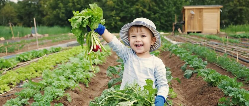 A delighted toddler in gloves and sun hat lifts freshly picked radishes high above a lush vegetable plot. Concept of healthy eating and organic triumph.