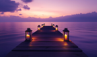 lantern burning candles on the wooden pier over the sea in sunset light
