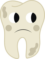 Hand drawn sick tooth in cartoon flat style. Vector illustration of kawaii tooth character for stickers, web design, kids poster, card, fabric print, educational books.