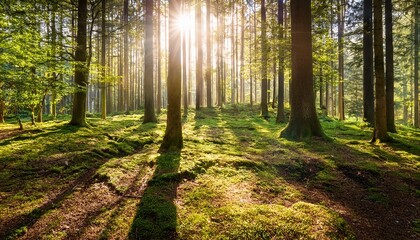 Fototapeta premium sunlight streaming through tree branches creating soft shadows on the forest floor peaceful ambiance