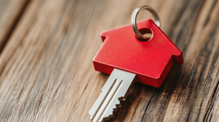 Red House Key on Wooden Table Background for Real Estate Themes