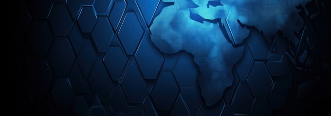 abstract futuristic background with glowing blue planet and hexagon shapes, digital technology banner with global network connection concept on dark background