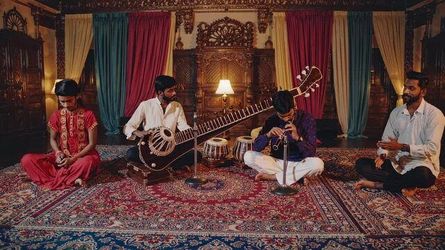 Musicians perform traditional Indian music in a historic setting with intricate decor and soft lighting
