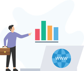 Businessman holding briefcase pointing at colorful growth chart displayed on website, analyzing online business performance and financial data

