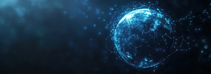 abstract futuristic background with glowing blue planet and hexagon shapes, digital technology banner with global network connection concept on dark background