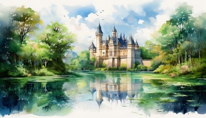 watercolor painting of a majestic castle reflecting on a serene lake surrounded by lush green foliage under a tranquil sky