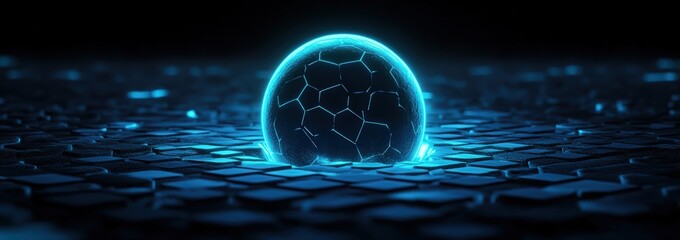abstract futuristic background with glowing blue planet and hexagon shapes, digital technology banner with global network connection concept on dark background