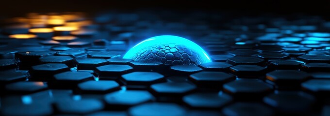 abstract futuristic background with glowing blue planet and hexagon shapes, digital technology banner with global network connection concept on dark background