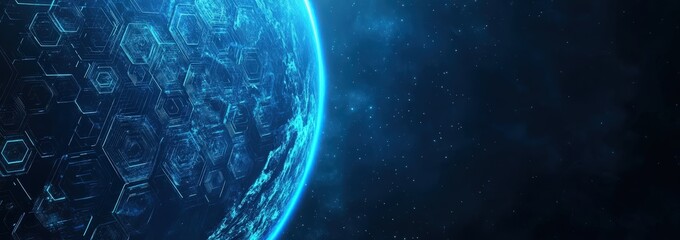 abstract futuristic background with glowing blue planet and hexagon shapes, digital technology banner with global network connection concept on dark background