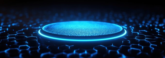 abstract futuristic background with glowing blue planet and hexagon shapes, digital technology banner with global network connection concept on dark background