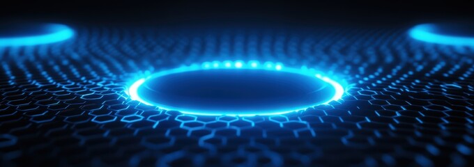 abstract futuristic background with glowing blue planet and hexagon shapes, digital technology banner with global network connection concept on dark background