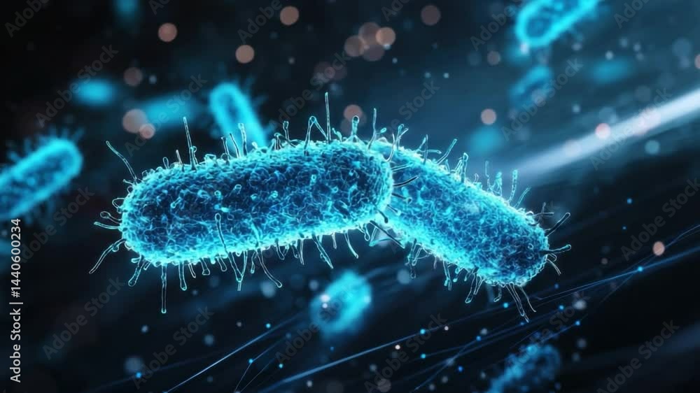 Poster high-resolution digital illustration of bacteria in microscopic view with glowing effect and cellula
