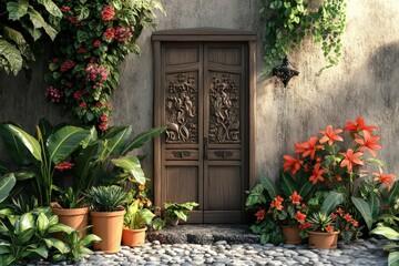 Naklejka premium Ornate wooden door framed by lush tropical plants.