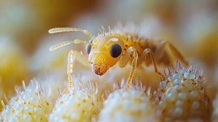 Macro close-up of a tiny yellow ant on a cluster of eggs