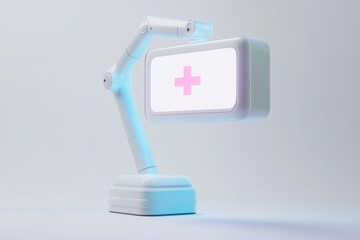 Obraz premium A 3D-rendered medical device with a white display and pink cross symbol, featuring a flexible arm and blue handle, designed for healthcare and wellness contexts