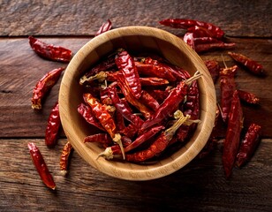 red hot dry chili peppers in wood bowl on wooden floor rustic style