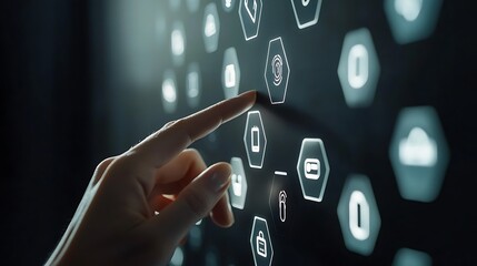 A professionala??s hand touching a digital interface showcasing hexagonal icons for customer service, with a finger pointing at a phone outline on a dark backdrop